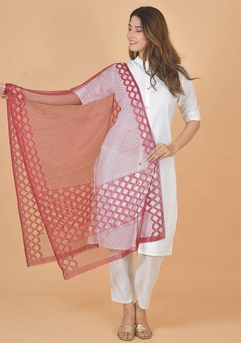 Maroon Poly Blend Selection Of 4 Geometric Woven Design Dupatta