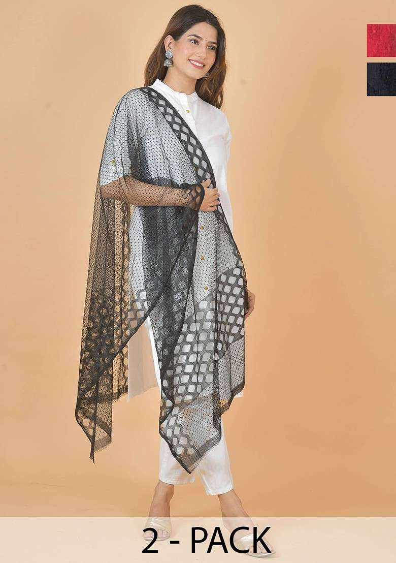 Red Poly Blend Selection Of 2 Geometric Woven Design Dupatta - Indya