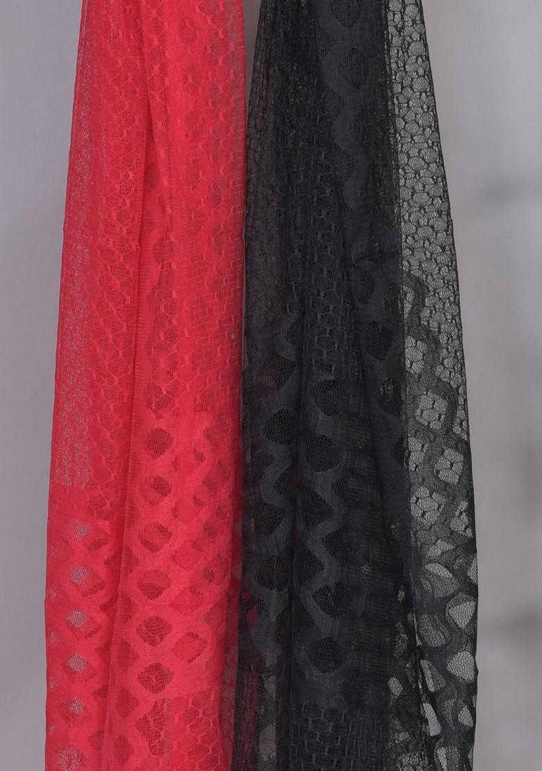 Red Poly Blend Selection Of 2 Geometric Woven Design Dupatta