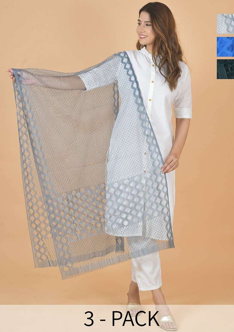Grey Poly Blend Selection Of 3 Geometric Woven Design Dupatta - Indya