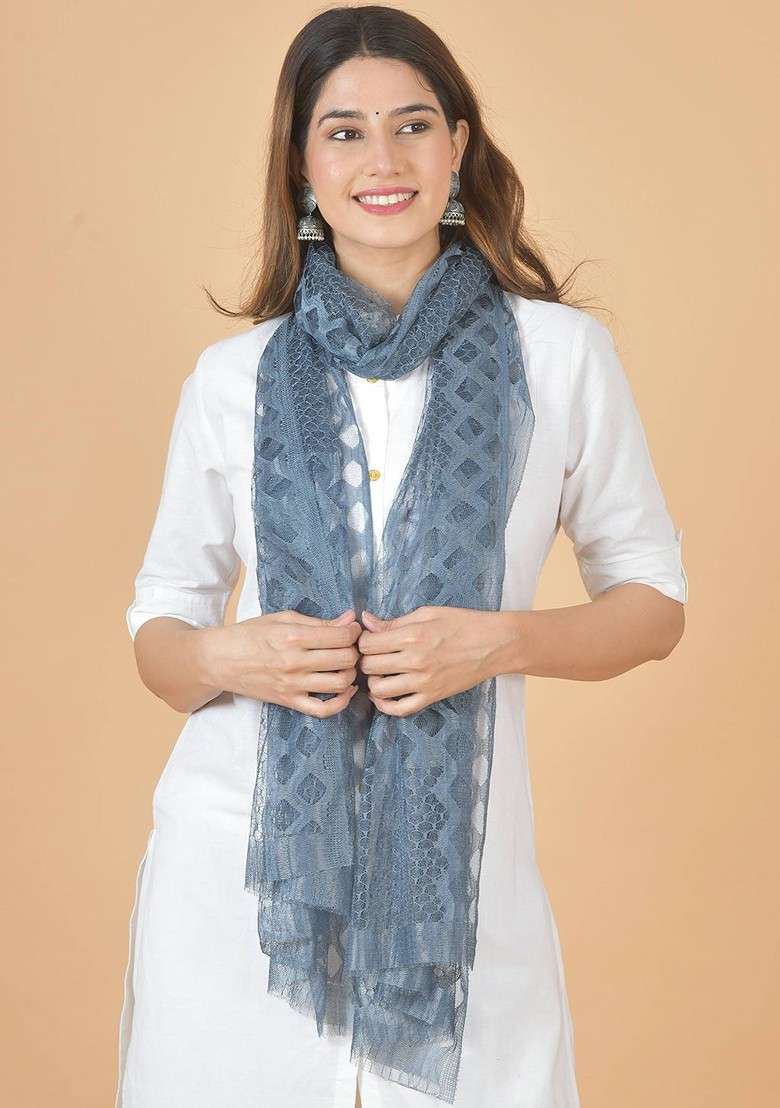 Grey Poly Blend Selection Of 3 Geometric Woven Design Dupatta - Indya