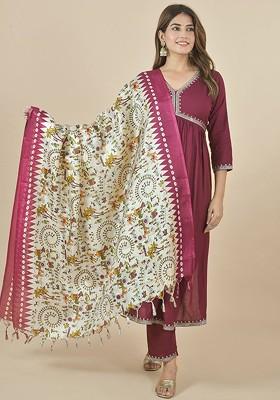 Cream Poly Blend Ethnic Motifs Printed Kalamkari Dupatta