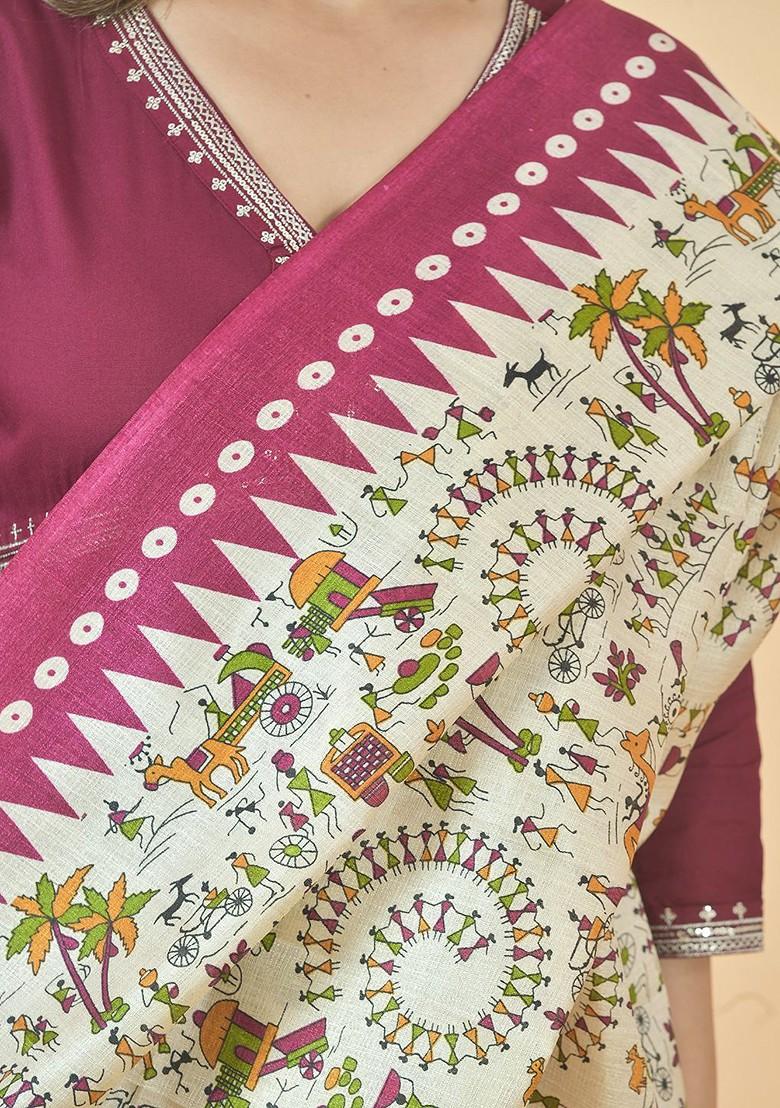 Cream Poly Blend Ethnic Motifs Printed Kalamkari Dupatta