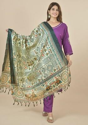 Green Poly Blend Ethnic Motifs Printed Dupatta