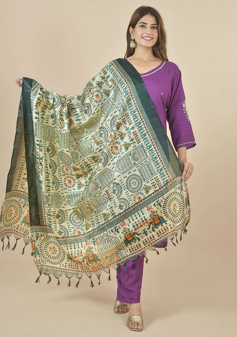 Green Poly Blend Ethnic Motifs Printed Dupatta - Indya