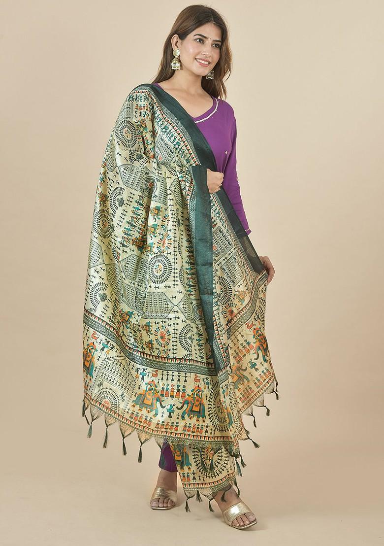 Green Poly Blend Ethnic Motifs Printed Dupatta