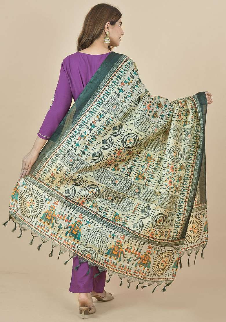Green Poly Blend Ethnic Motifs Printed Dupatta - Indya