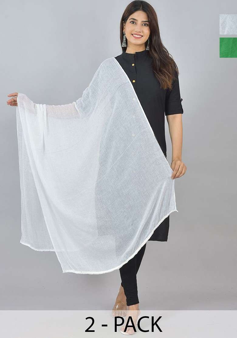 Green Poly Blend Pack Of 2 White Dupattas - Indya