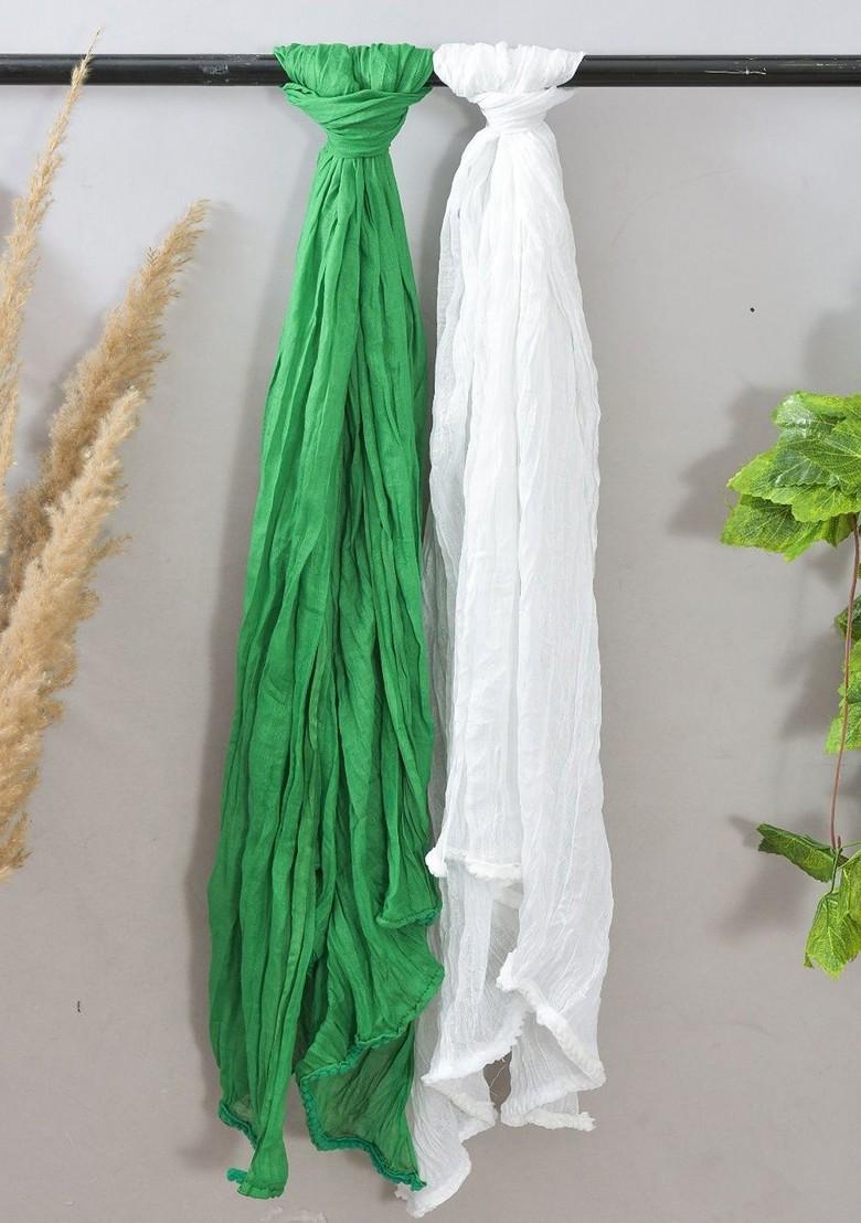 Green Poly Blend Pack Of 2 White Dupattas