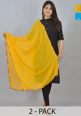 Yellow Poly Blend Pack Of 2 White Dupattas
