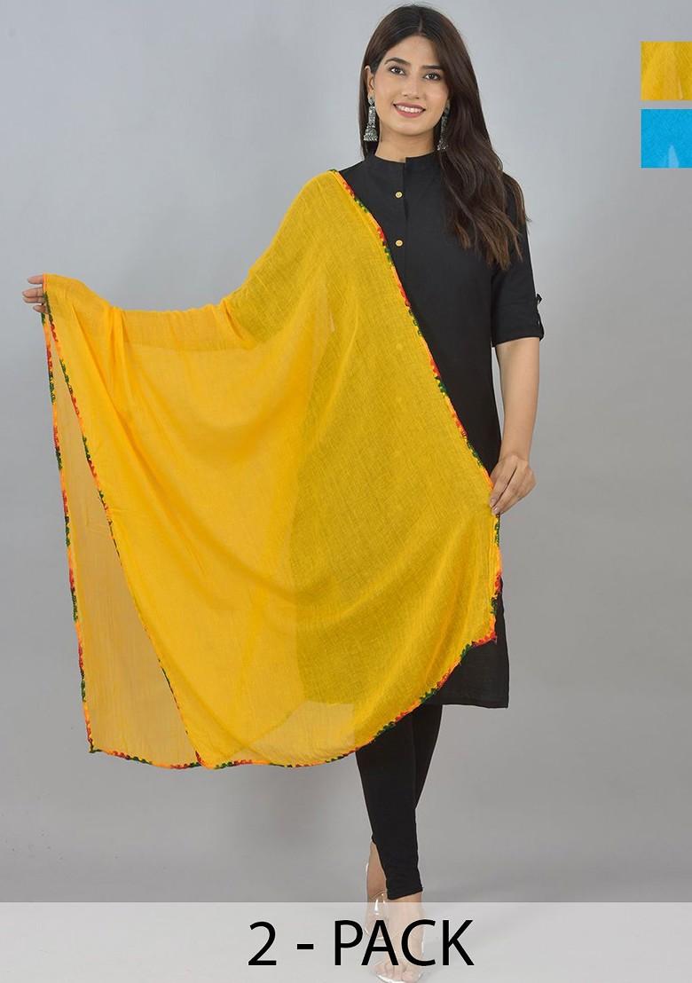 Yellow Poly Blend Pack Of 2 White Dupattas