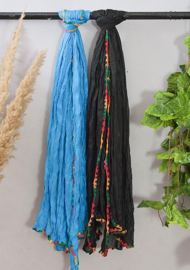 Blue Poly Blend Pack Of 2 White Dupattas