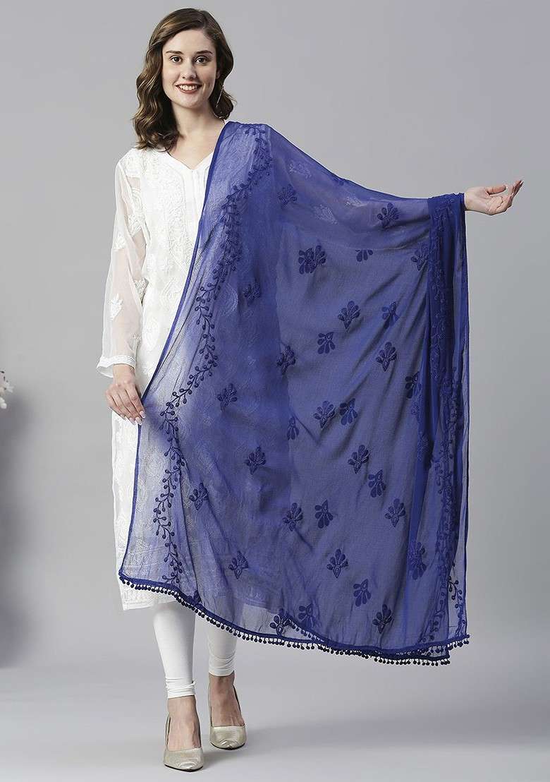 Blue Poly Blend Floral Embroidered Dupatta - Indya