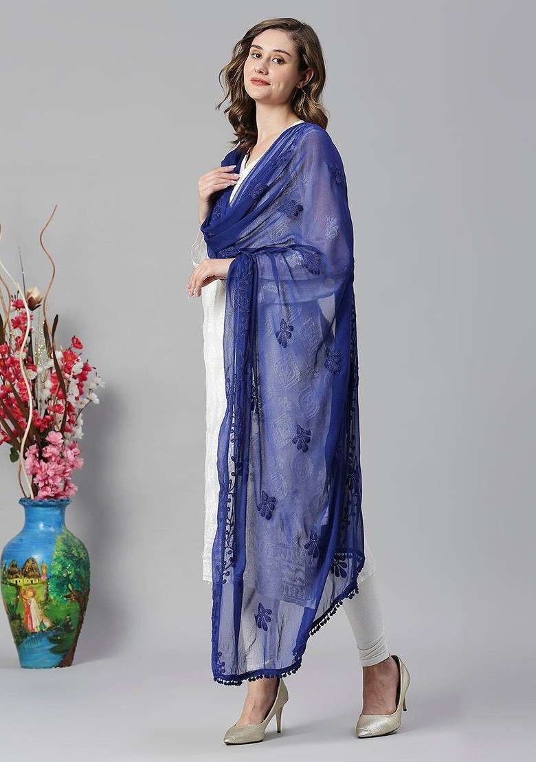 Blue Poly Blend Floral Embroidered Dupatta - Indya