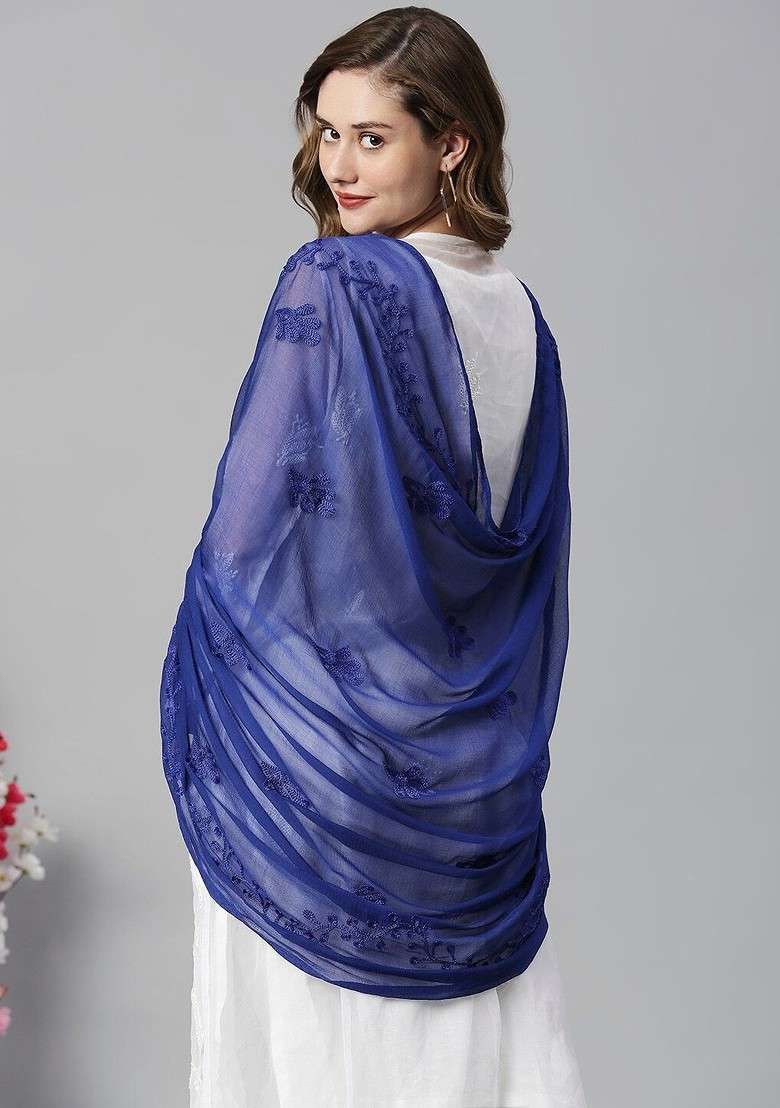 Blue Poly Blend Floral Embroidered Dupatta - Indya
