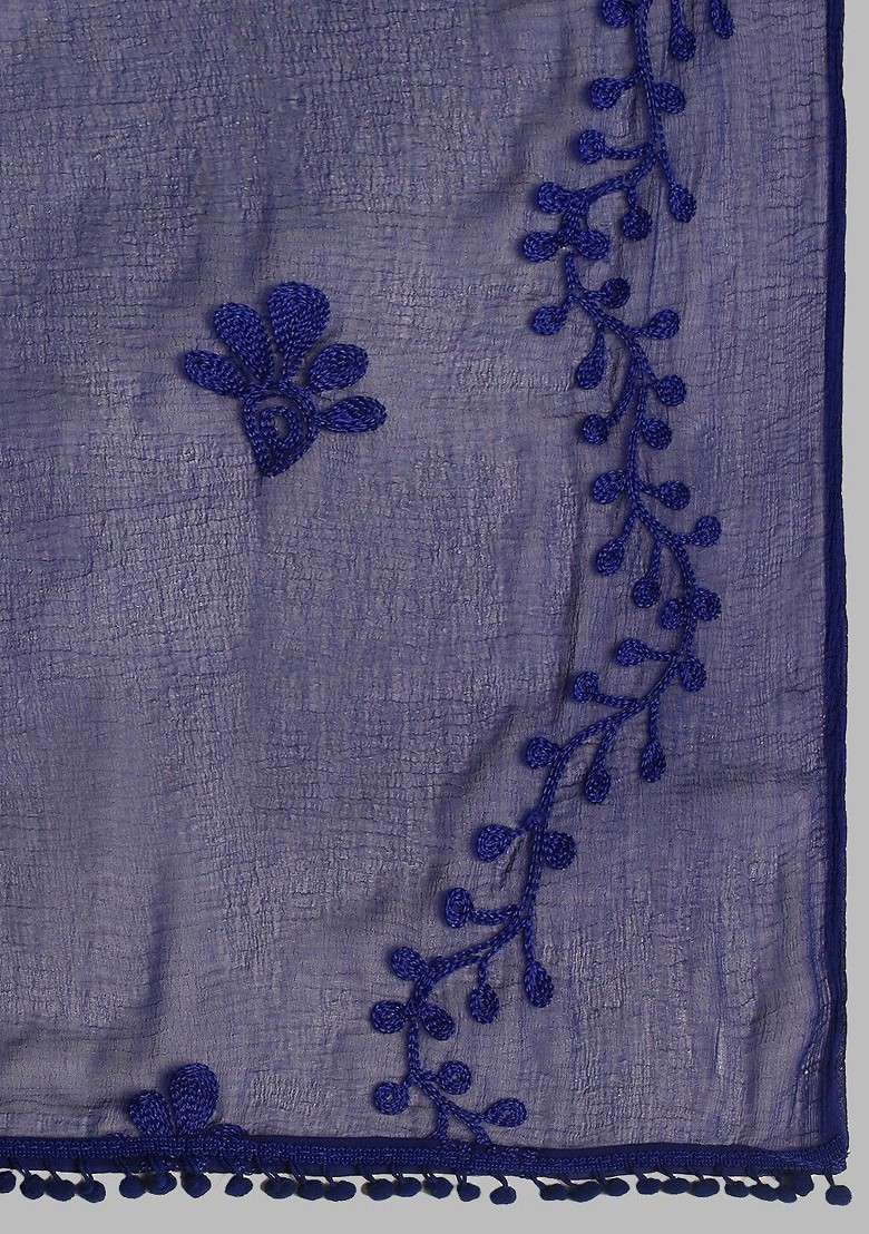 Blue Poly Blend Floral Embroidered Dupatta - Indya