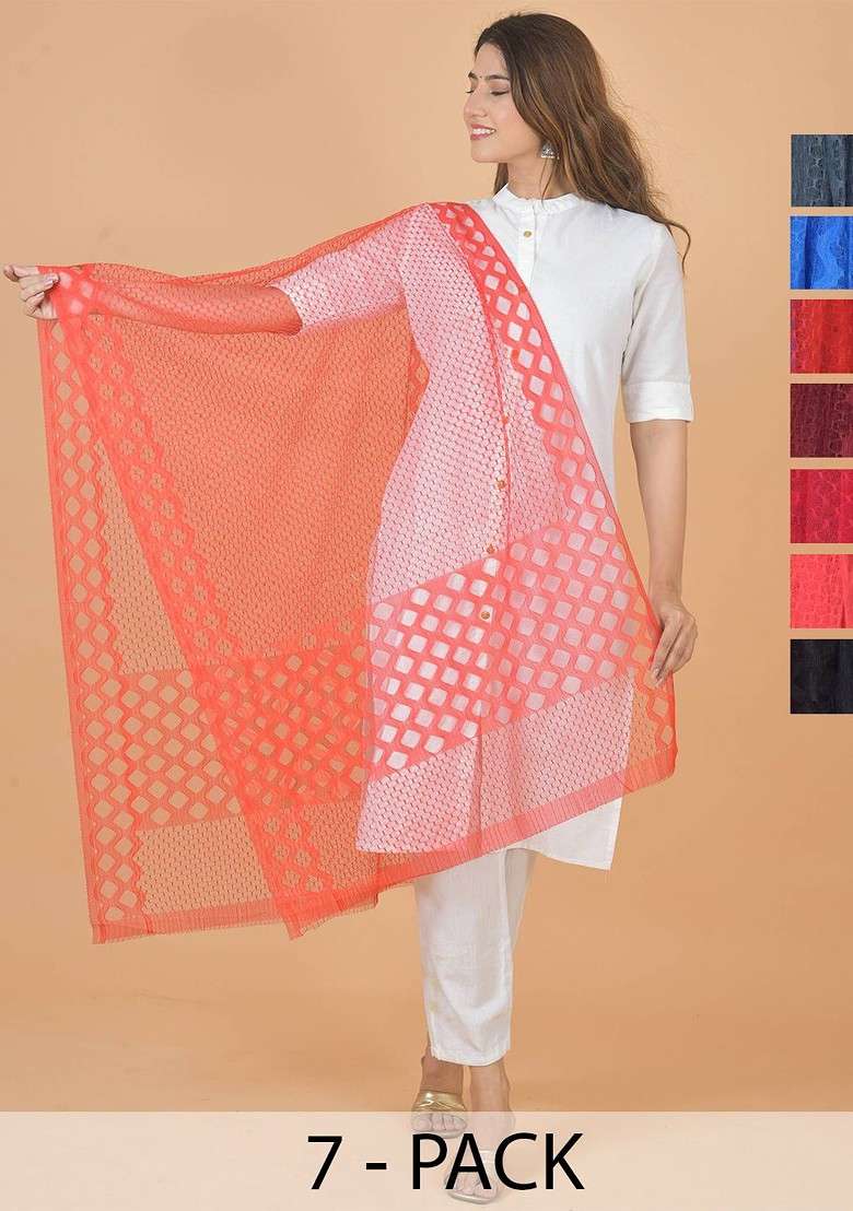 Peach Poly Blend Selection Of 7 Geometric Woven Design Dupattas - Indya