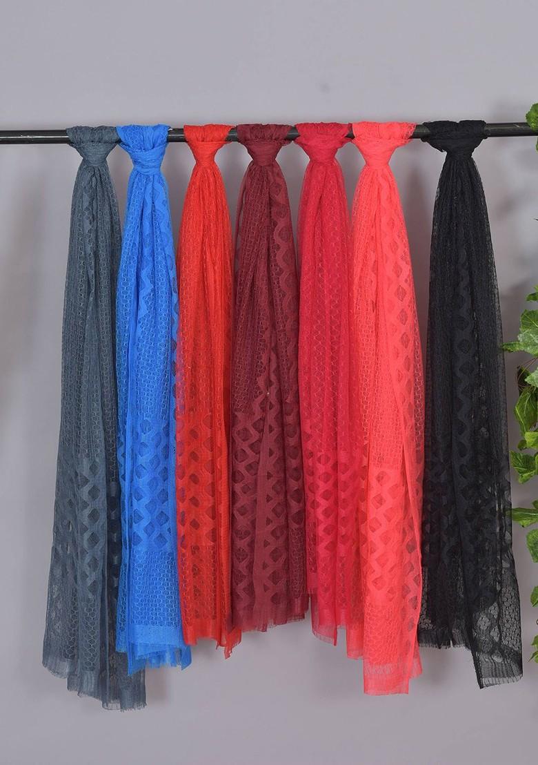 Peach Poly Blend Selection Of 7 Geometric Woven Design Dupattas