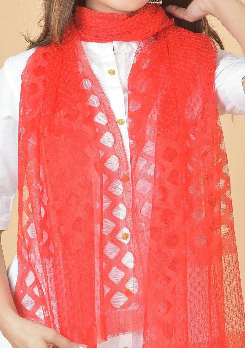 Peach Poly Blend Selection Of 7 Geometric Woven Design Dupattas - Indya