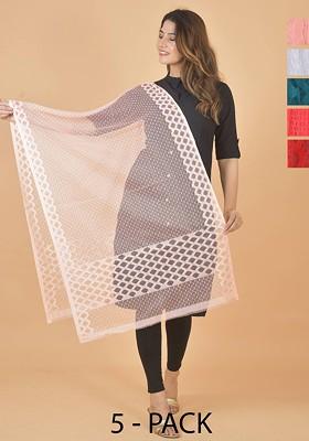 White Poly Blend Selection Of 5 Geometric Woven Design Dupatta