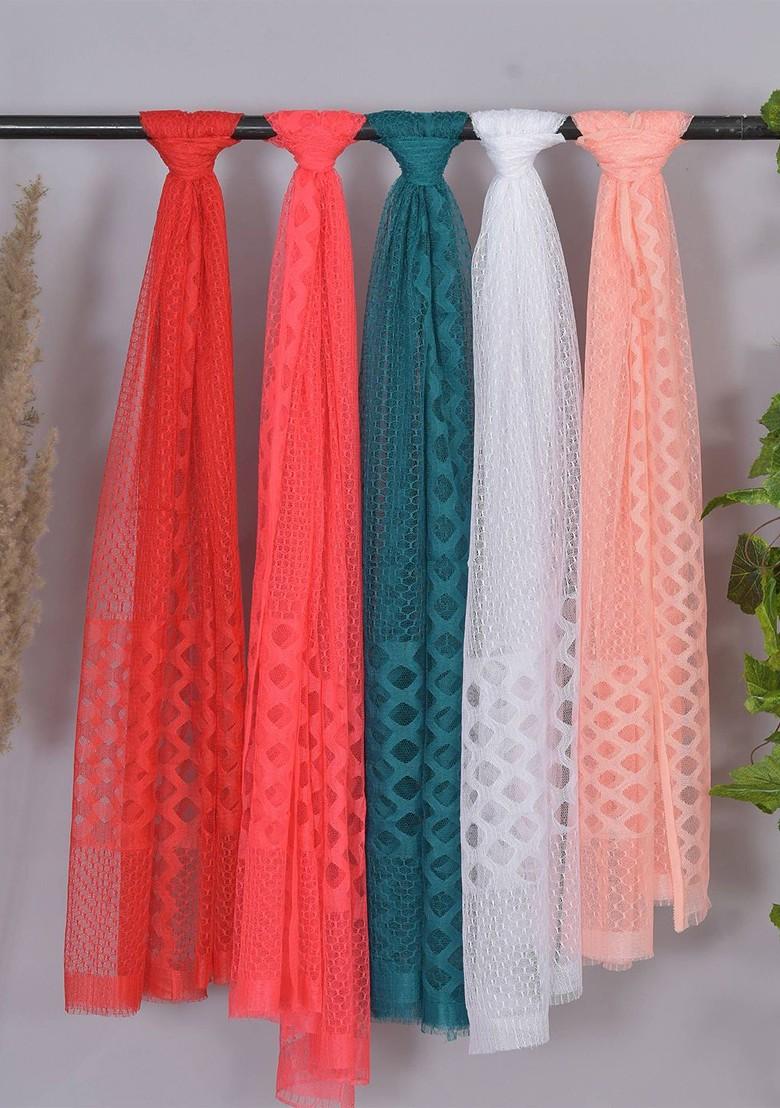 White Poly Blend Selection Of 5 Geometric Woven Design Dupatta