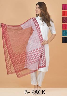 Black Poly Blend Selection Of 6 Geometric Woven Design Dupatta