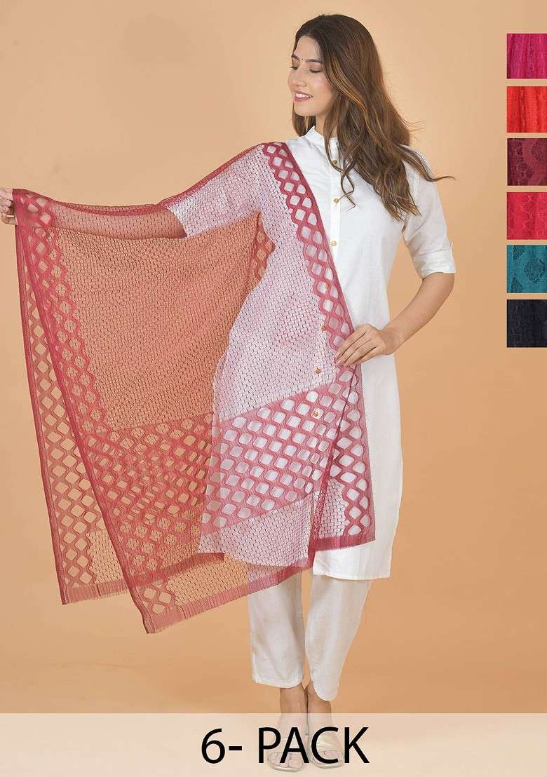 Black Poly Blend Selection Of 6 Geometric Woven Design Dupatta - Indya