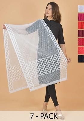 White Poly Blend Selection Of 7 Geometric Woven Design Dupatta