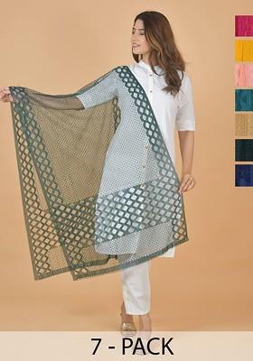 Pink Poly Blend Selection Of 7 Geometric Woven Design Dupatta