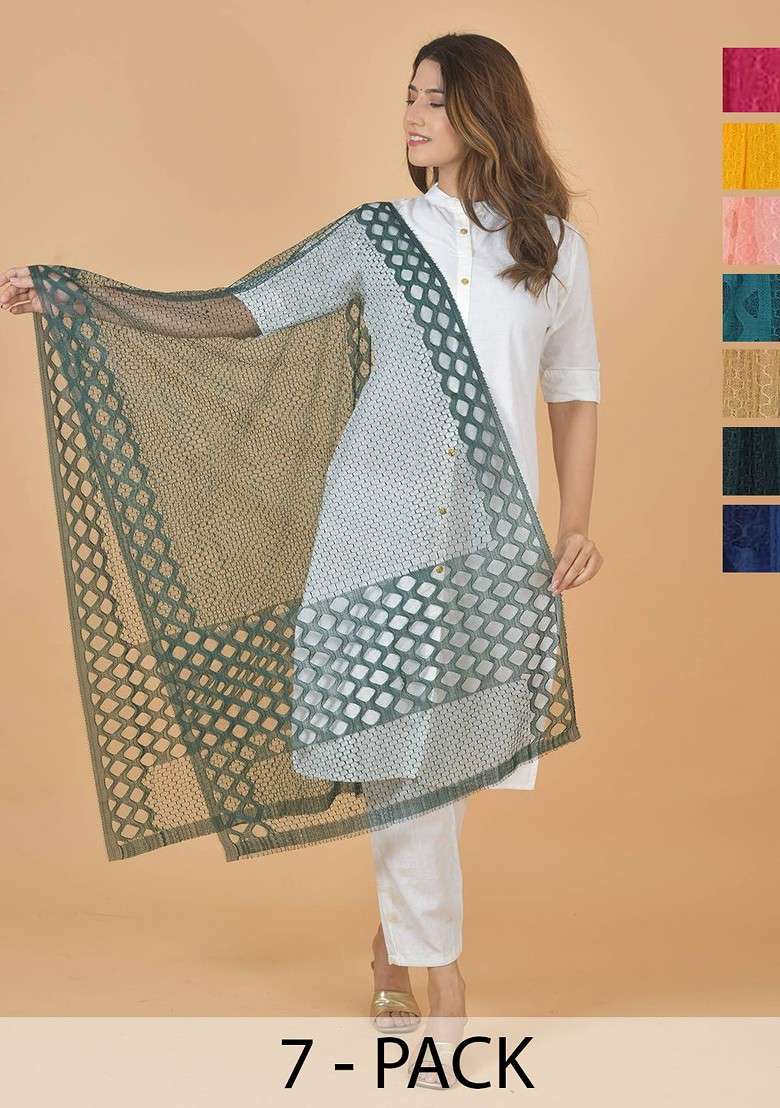 Pink Poly Blend Selection Of 7 Geometric Woven Design Dupatta - Indya