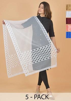 White Poly Blend Selection Of 5 Geometric Woven Design Dupattas