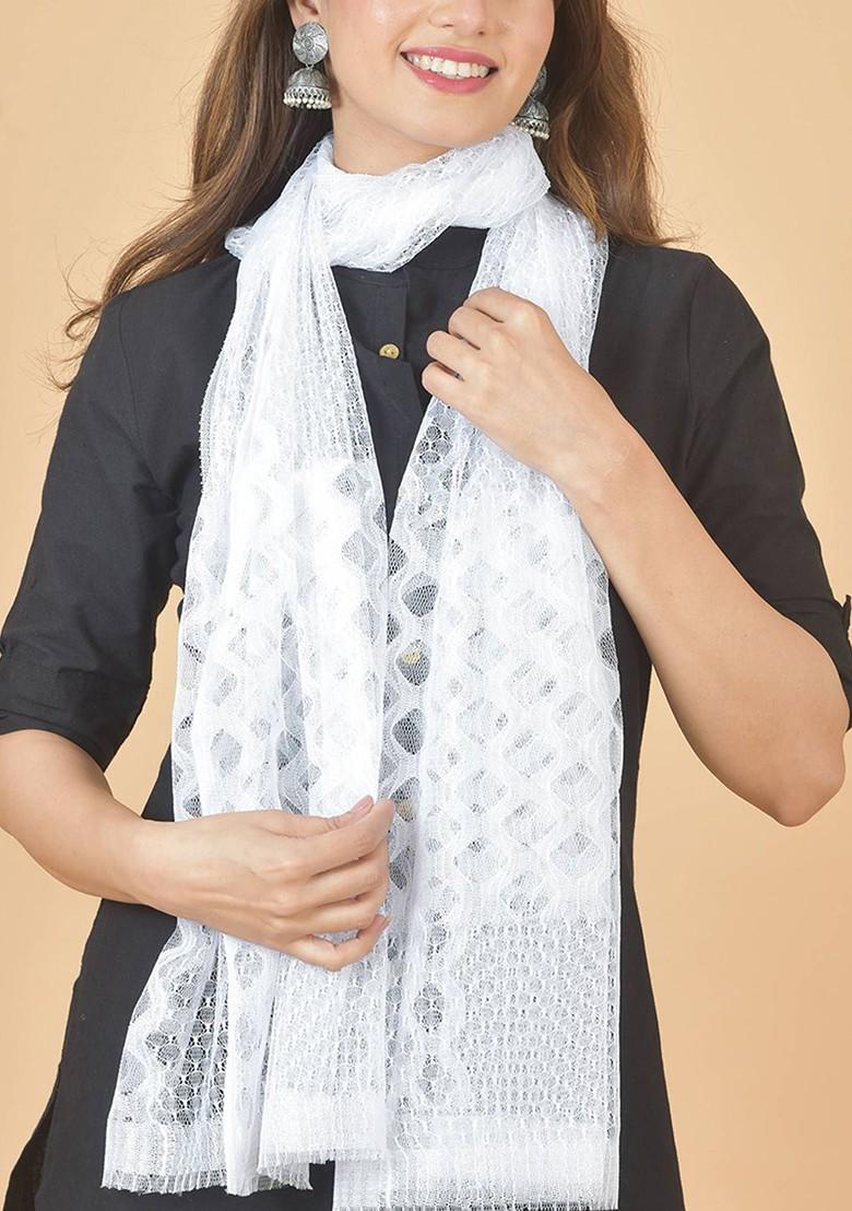White Poly Blend Selection Of 5 Geometric Woven Design Dupattas