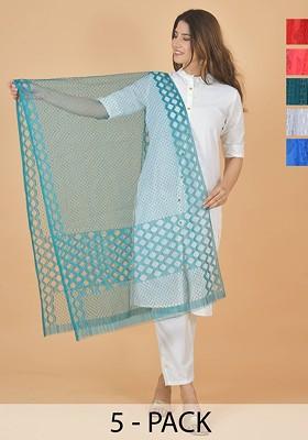 Red Poly Blend Selection Of 5 Geometric Woven Design Dupattas