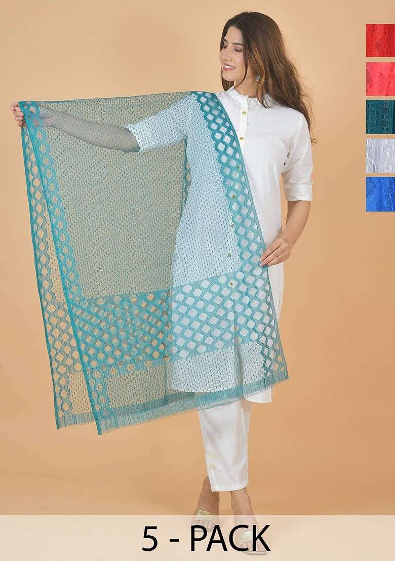 Red Poly Blend Selection Of 5 Geometric Woven Design Dupattas - Indya