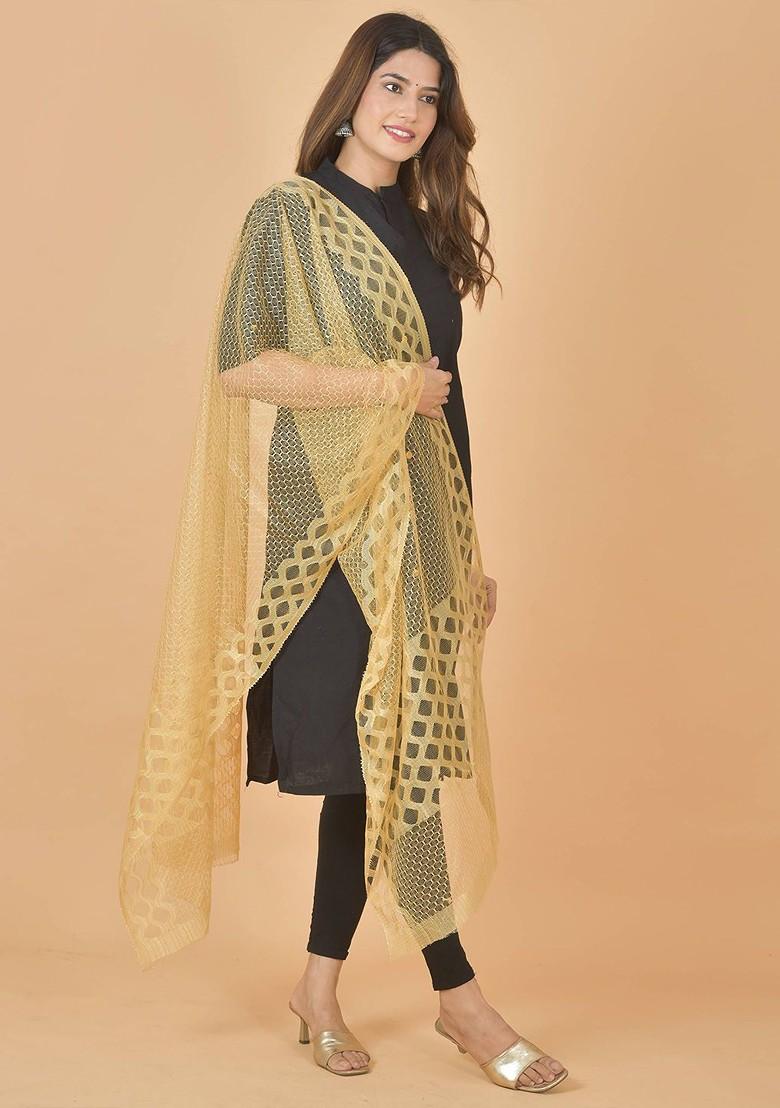 Gold Poly Blend Selection Of 7 Geometric Woven Design Dupattas