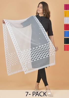 White Poly Blend Selection Of 7 Geometric Woven Design Dupatta