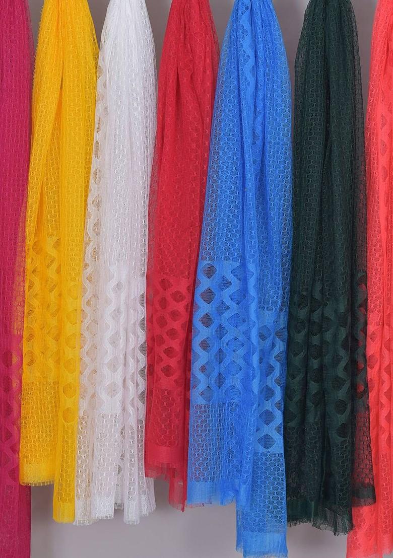 White Poly Blend Selection Of 7 Geometric Woven Design Dupatta