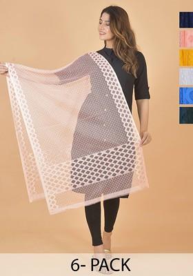 White Poly Blend Selection Of 6 Geometric Woven Design Dupatta