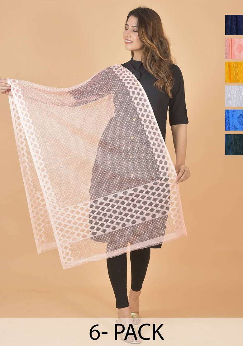 White Poly Blend Selection Of 6 Geometric Woven Design Dupatta - Indya