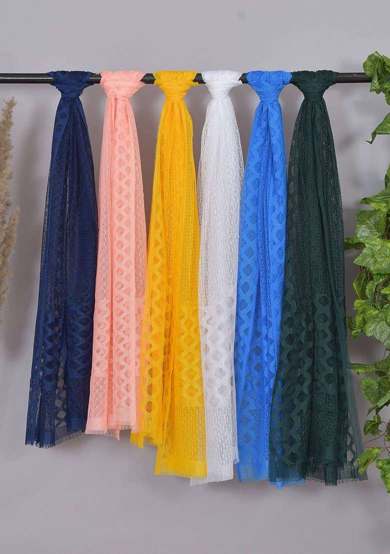 White Poly Blend Selection Of 6 Geometric Woven Design Dupatta - Indya