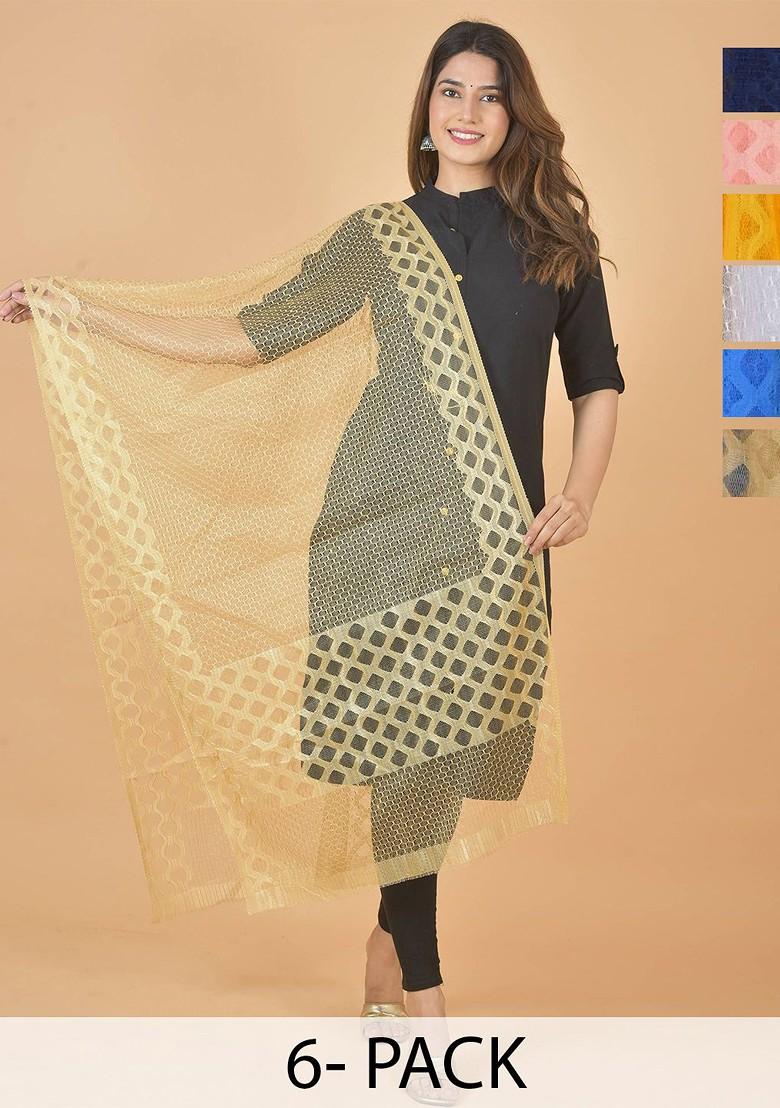 Black Poly Blend Selection Of 6 Geometric Woven Design Dupattas