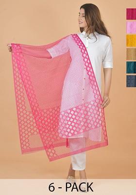 Pink Poly Blend Selection Of 6 Geometric Woven Design Dupatta