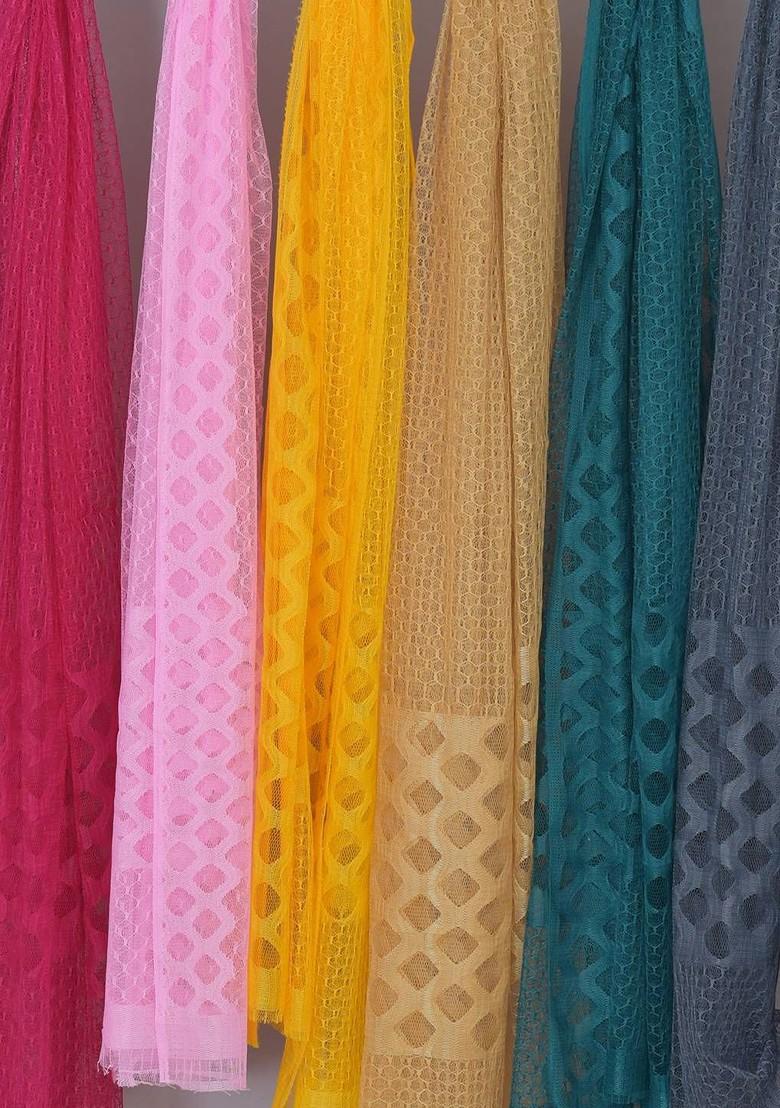 Pink Poly Blend Selection Of 6 Geometric Woven Design Dupatta