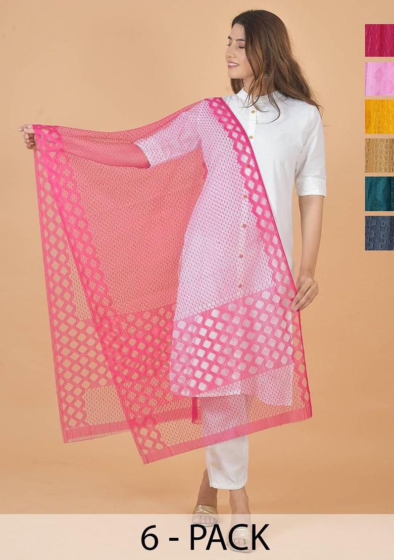Pink Poly Blend Selection Of 6 Geometric Woven Design Dupatta