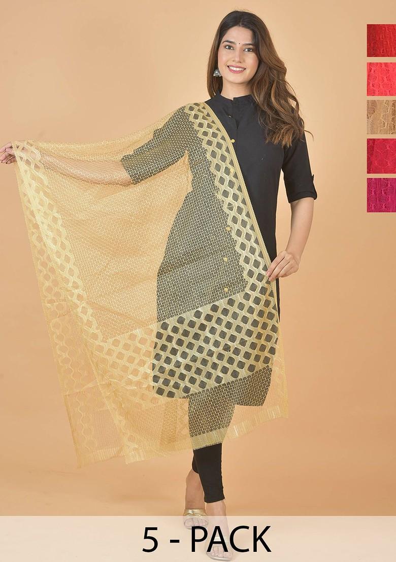 Maroon Poly Blend Selection Of 5 Geometric Woven Design Dupattas