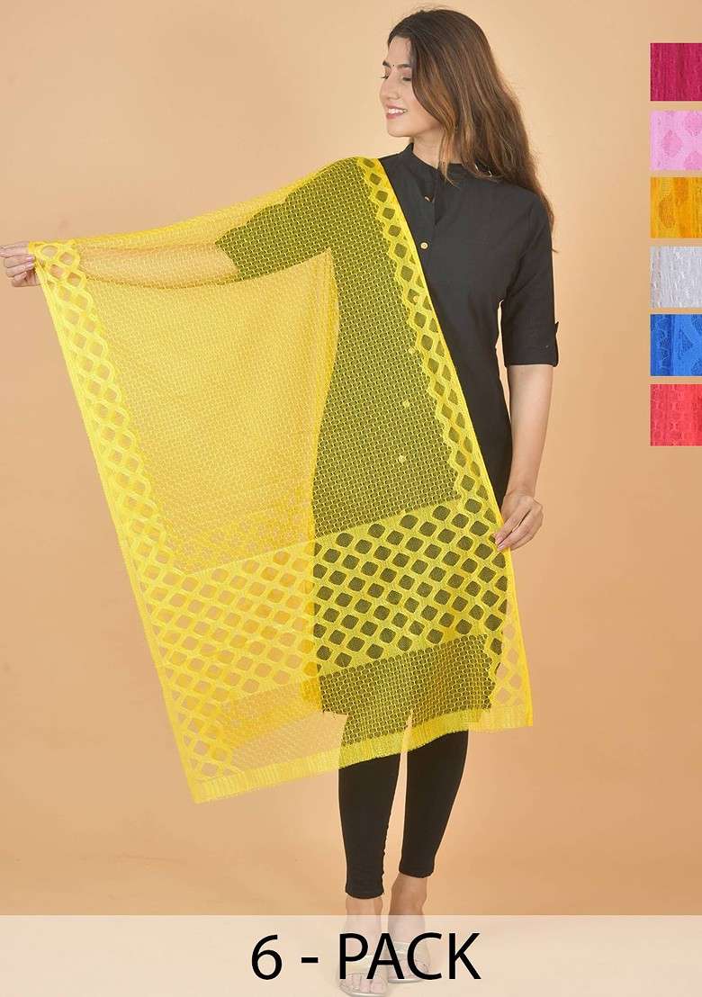 White Poly Blend Selection Of 6 Geometric Woven Design Dupatta - Indya