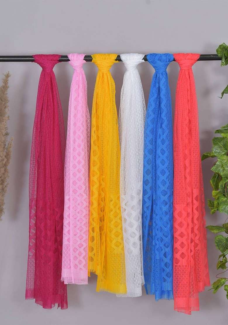 White Poly Blend Selection Of 6 Geometric Woven Design Dupatta - Indya