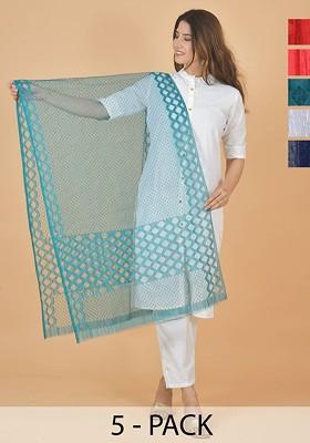 Maroon Poly Blend Selection Of 5 Geometric Woven Design Dupattas