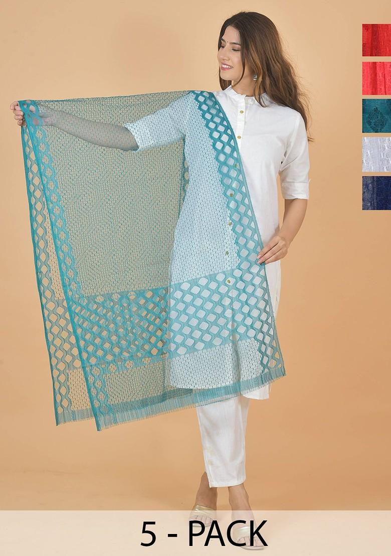 Maroon Poly Blend Selection Of 5 Geometric Woven Design Dupattas