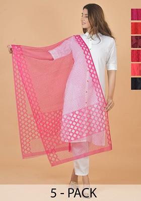 Pink Poly Blend Selection Of 6 Geometric Woven Design Dupattas